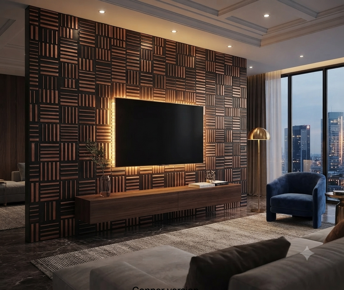 TV-Wand aus Metallfliesen Stripes in Kupfer im modernen Wohnzimmer mit LED-Beleuchtung