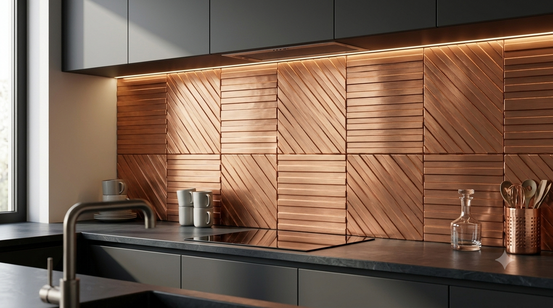 Kupfer-Metallfliesen Stripes als Küchenrückwand in einer modernen Küche mit grafitfarbenen Fronten