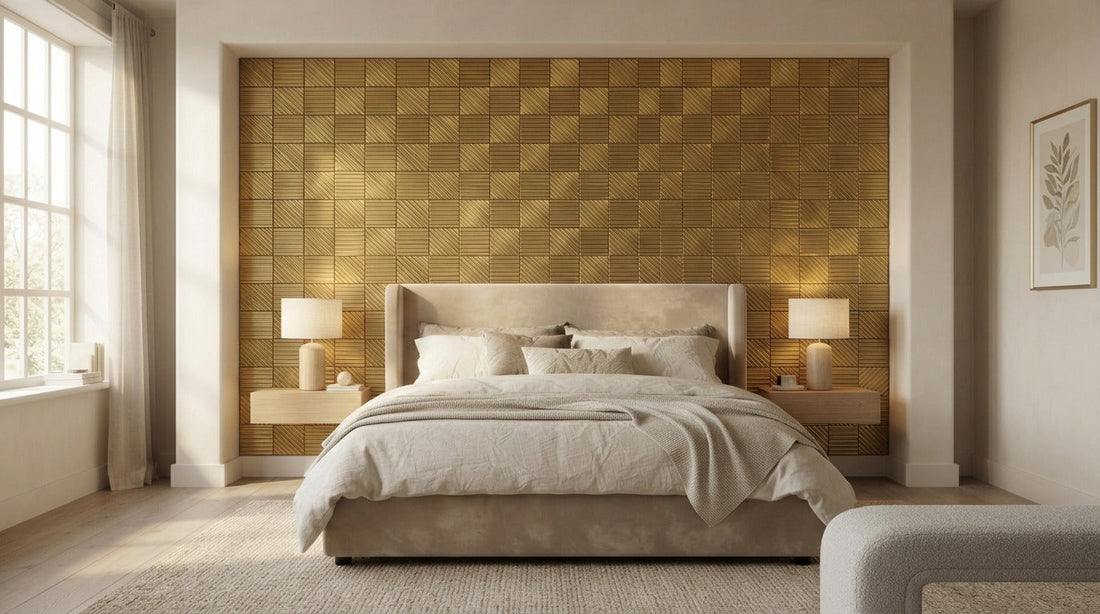 Metallfliesen und Paneele hinter dem Bett – Akzentwand im Schlafzimmer