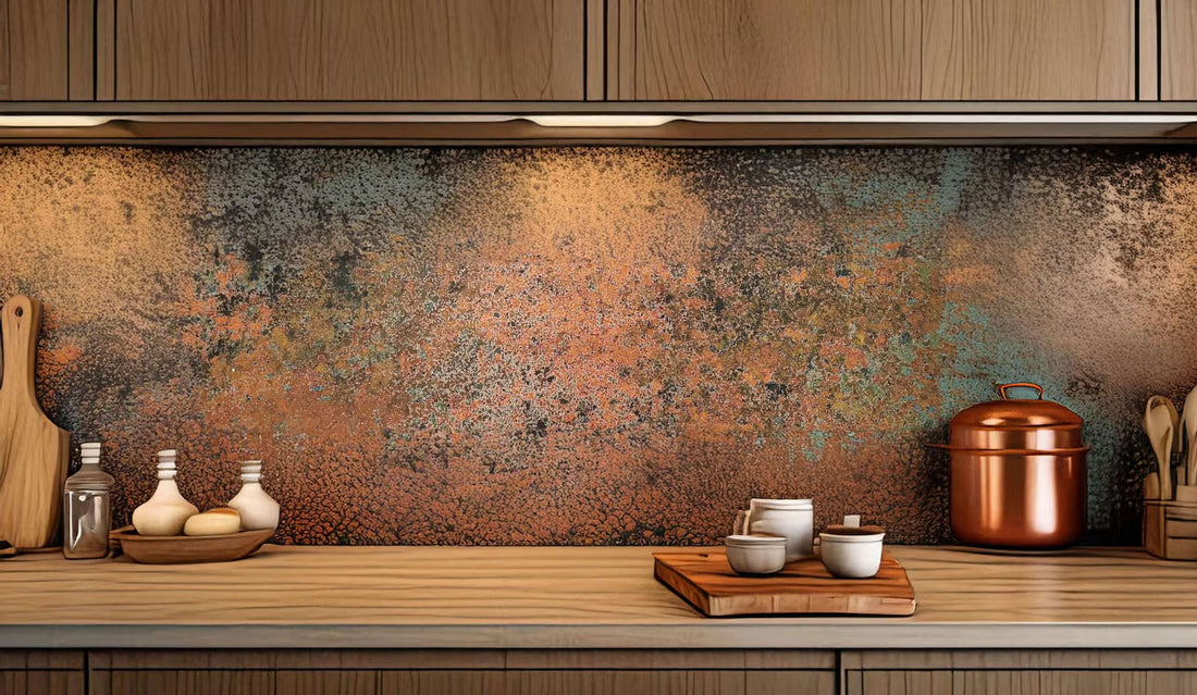 Kupfer-Wandpaneel Mystic Copper Nebula als Küchenrückwand — handpatinierte Oberfläche von Copper & Craft