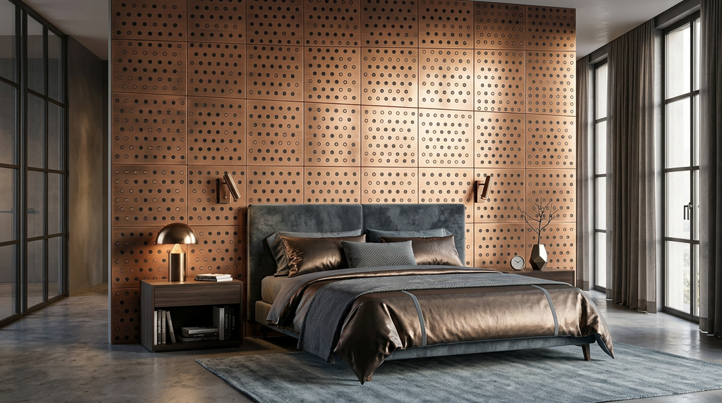 Miedziane płytki Polka Dots jako dekoracyjna ściana w eleganckim salonie