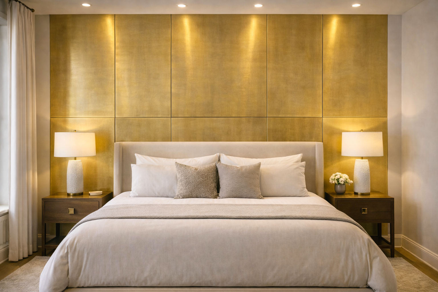 Luksusowa sypialnia z wezgłowiem łóżka na tle ozdobnej ściany z mosiądzu Brushed Brass Shadow.