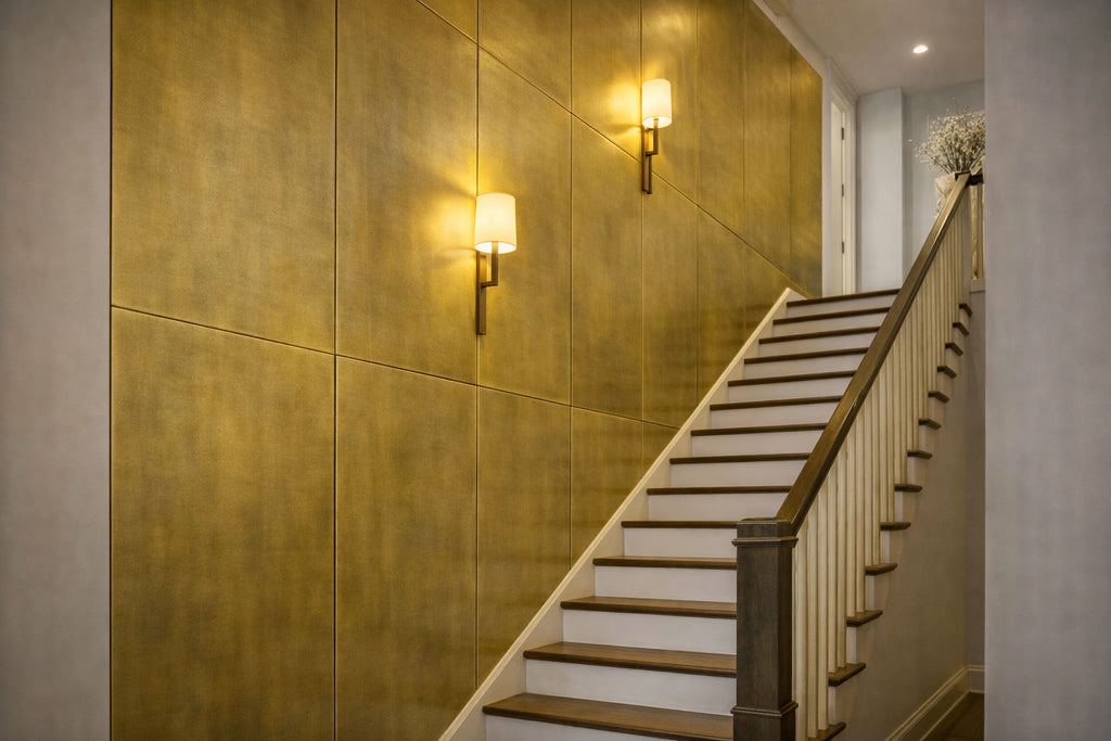 Klatka schodowa w stylu loft z minimalistycznymi schodami i ścianą z płyt mosiężnych.