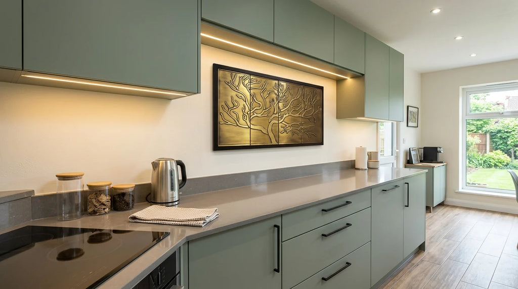 Nowoczesna kuchnia z jasnymi, zielonymi szafkami i szarymi blatami. Na ścianie nad blatem wisi miedziany obraz modułowy w czarnej ramie przedstawiający drzewo.