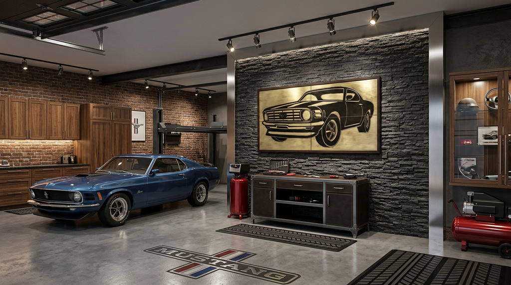 Metalowy obraz Ford Mustang w garażu z niebieskim muscle car