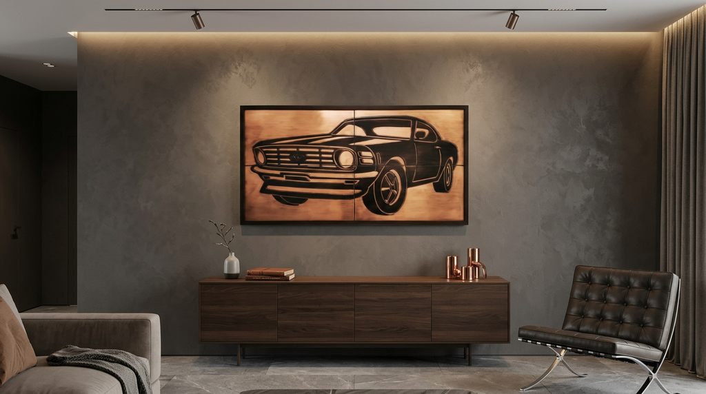 Obraz ścienny Ford Mustang z miedzi nad konsolą w nowoczesnym wnętrzu