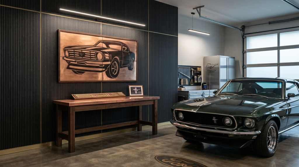 Miedziany obraz Ford Mustang w garażu z zielonym klasykiem