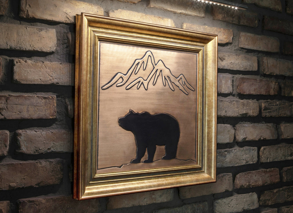 Bear and mountains framed in a beautiful, unique  wooden frame. Handmade - 100% Copper and wood __etsy:2442298536
