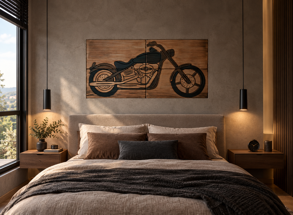 Nowoczesny Motocykl - zestaw 4 kafli w miedzi w nowoczesnej sypialni.