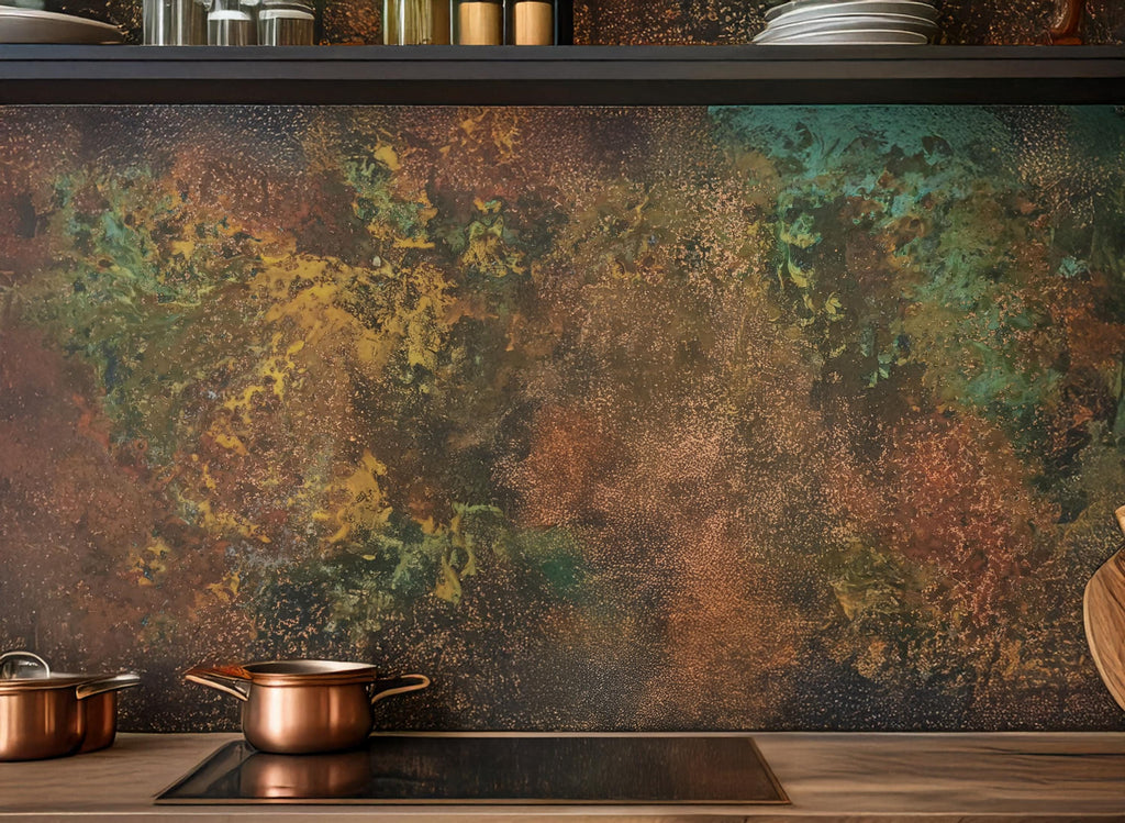 Panel ścienny z prawdziwej miedzi Savage Copper Bloom nad blatem kuchennym