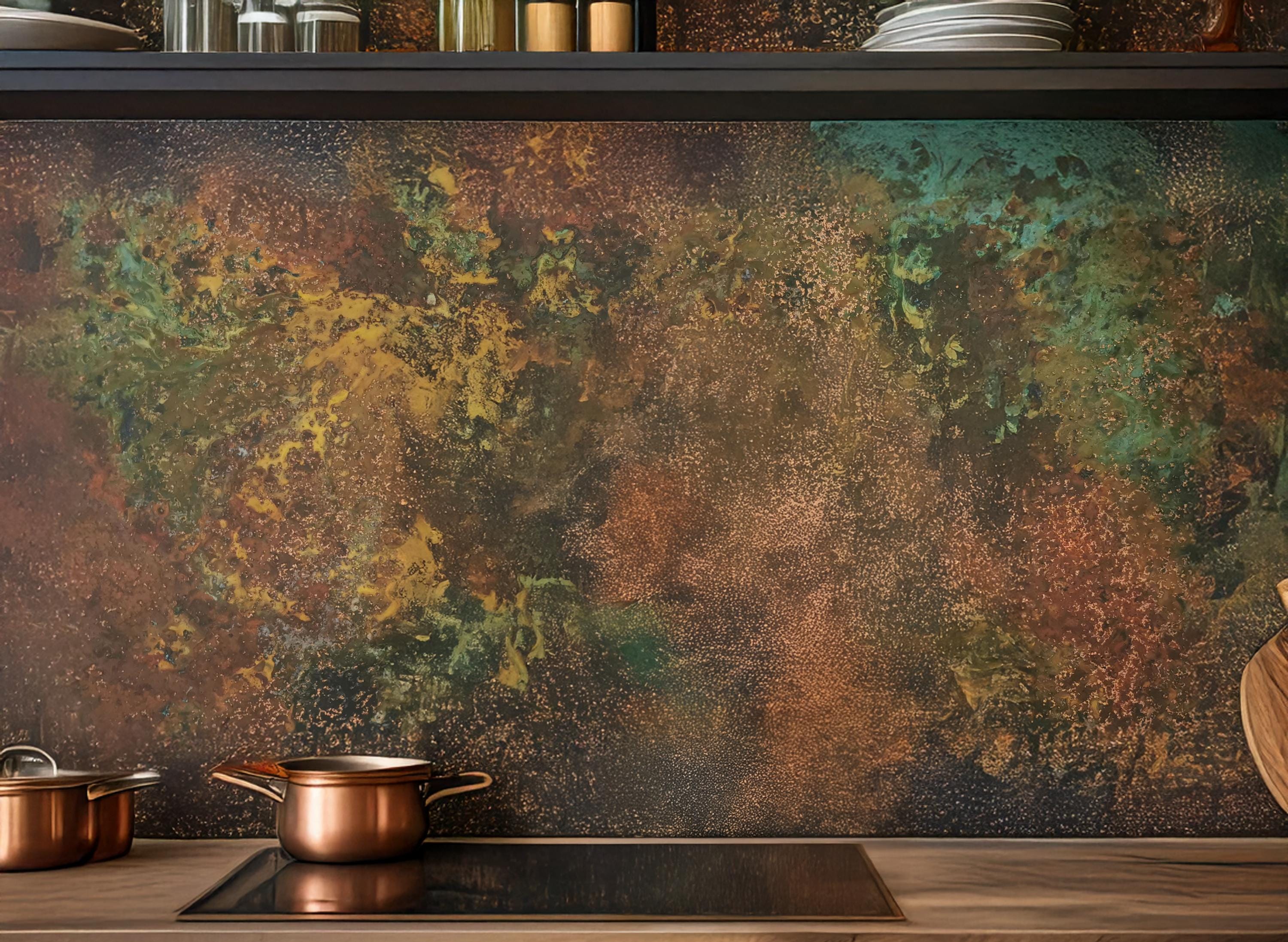 Panel ścienny z prawdziwej miedzi Savage Copper Bloom nad blatem kuchennym