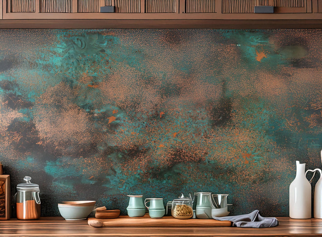 Handmade copper backsplash panel with green and turquoise patina