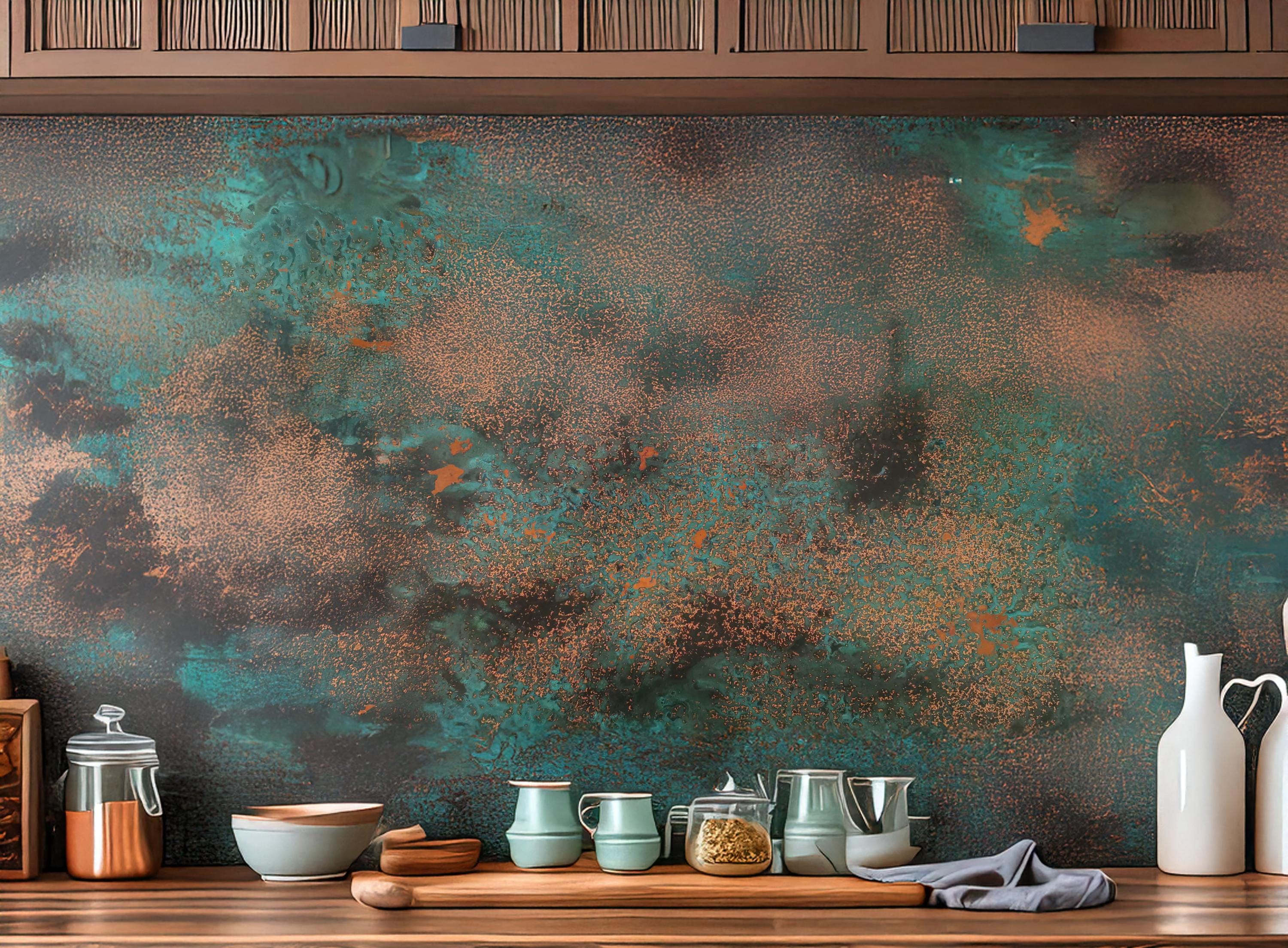 Handmade copper backsplash panel with green and turquoise patina