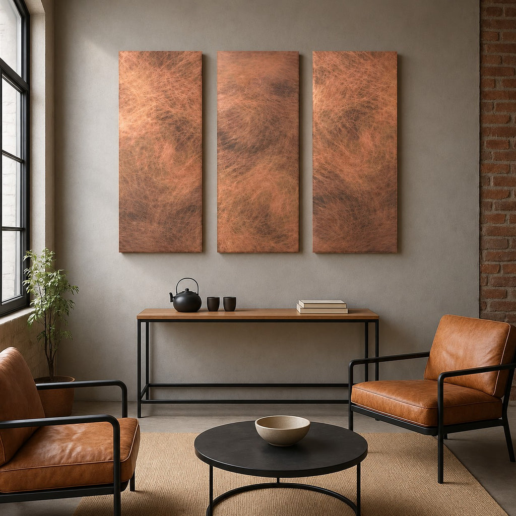 Trzy panele Copper Storm Patina nad konsolą z dwoma fotelami i okrągłym stolikiem w salonie