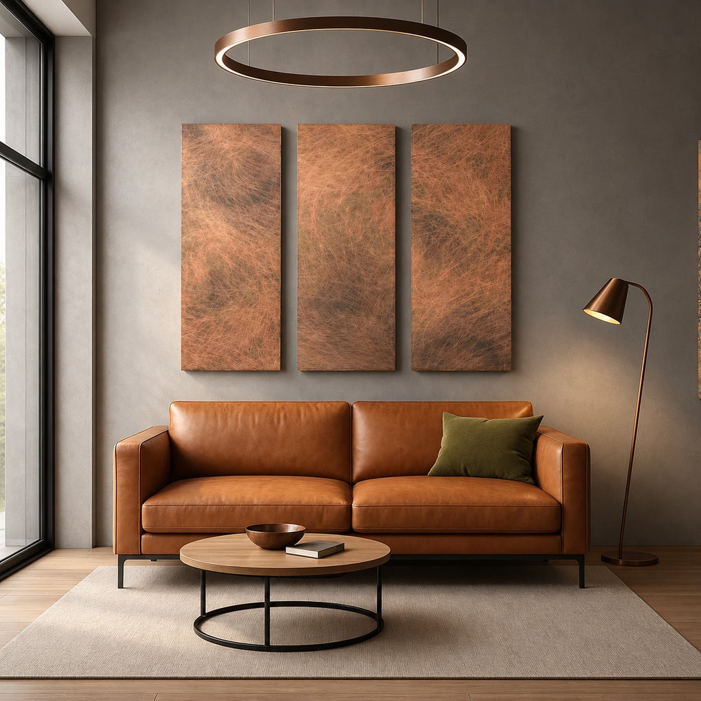Panele Copper Storm Patina nad koniakową sofą pod okrągłą lampą wiszącą w loftowym salonie
