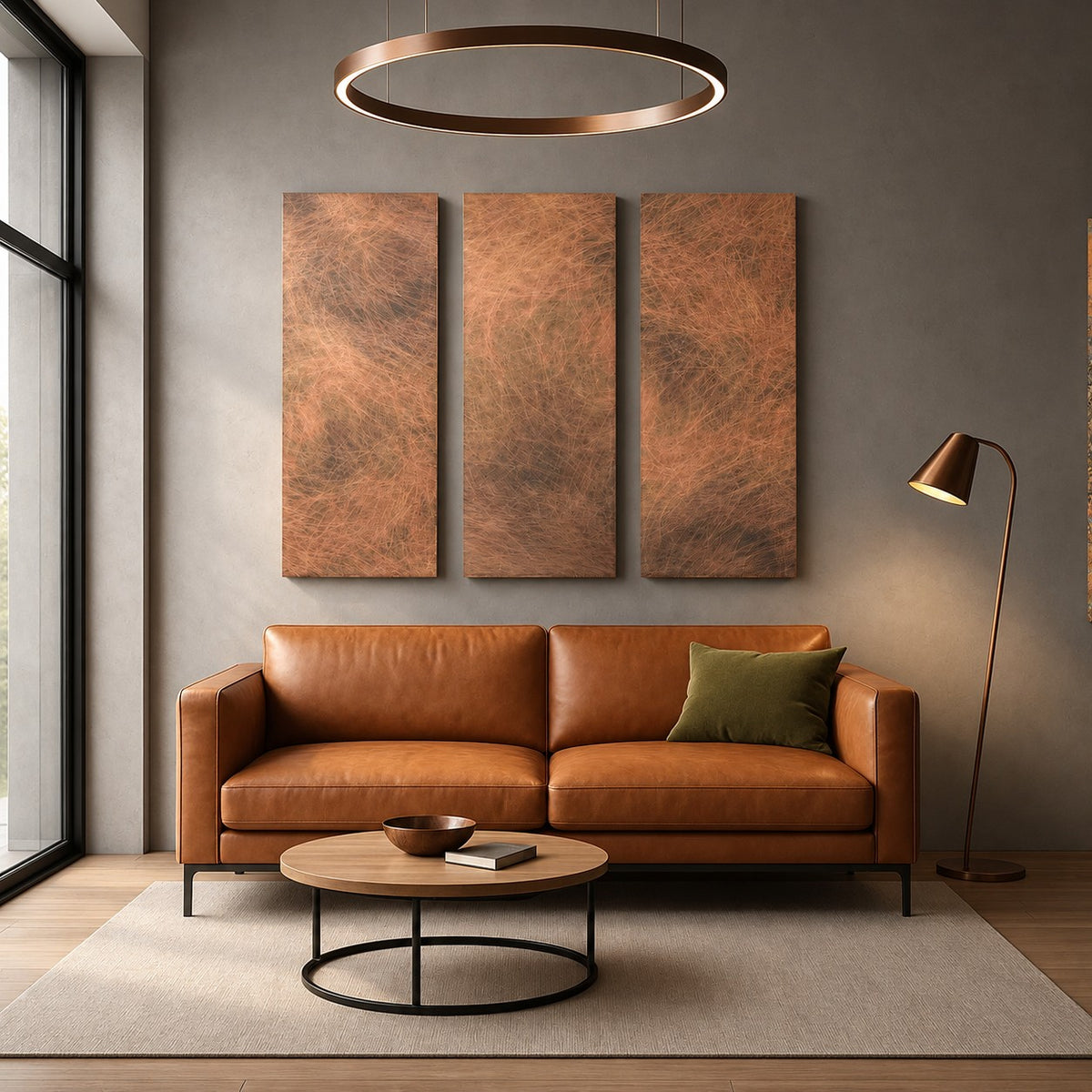 Panele Copper Storm Patina nad koniakową sofą pod okrągłą lampą wiszącą w loftowym salonie