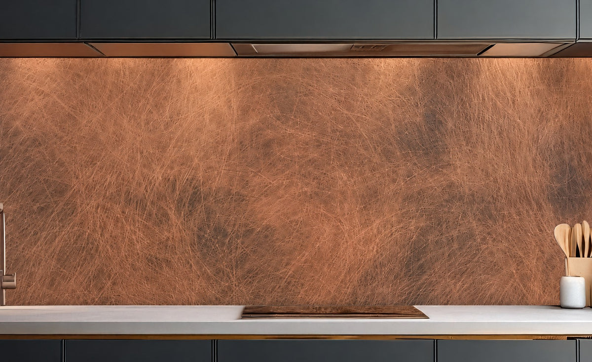 Szeroki panel Copper Storm z patynowanej miedzi nad jasnym blatem z płytą grzewczą i drewnianymi łyżkami