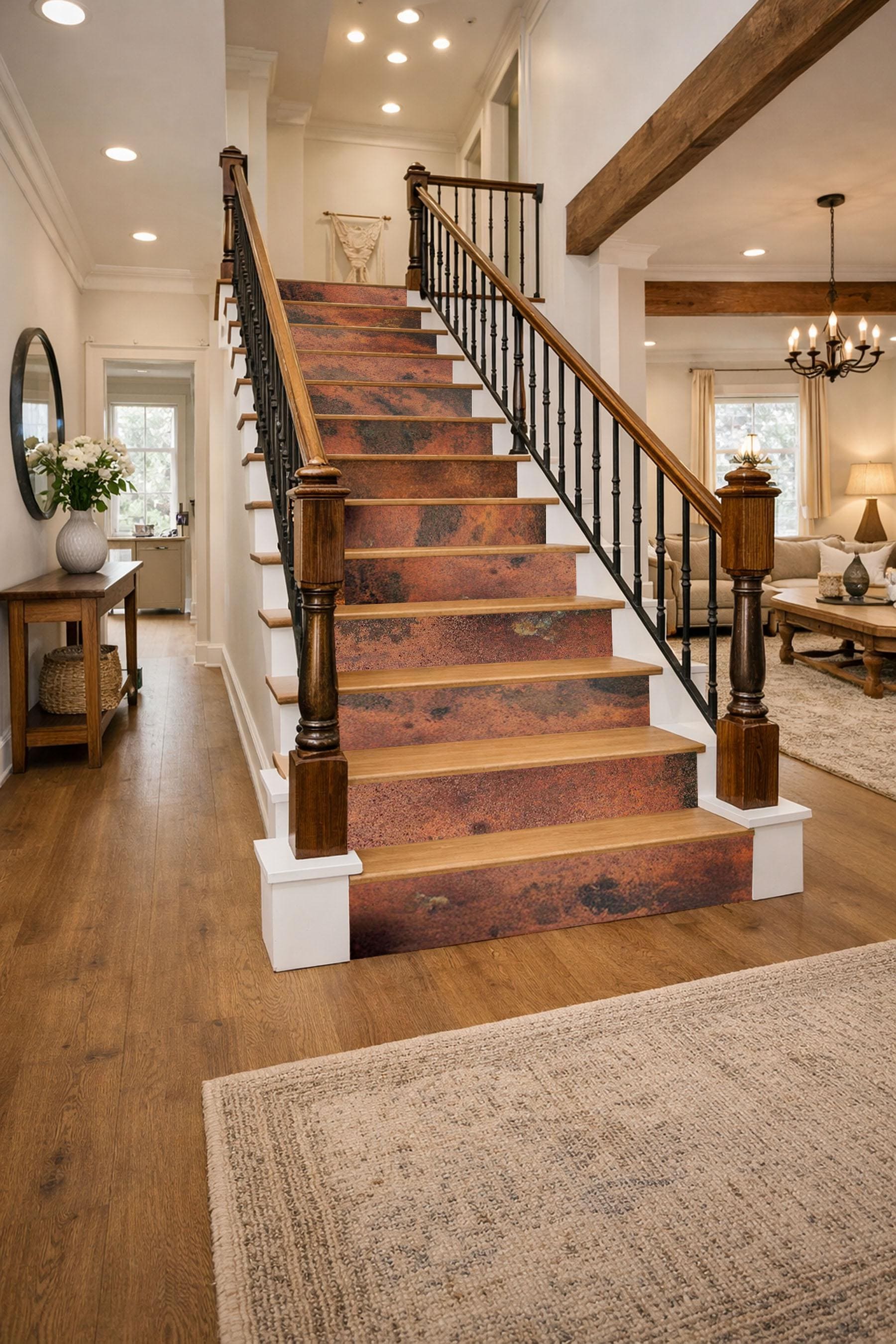 Elegant Real Metal Stair Risers – Handcrafted Copper, Brass or Stainless Steel – Patinated Surface – Decorative Stair Accents – Easy Install