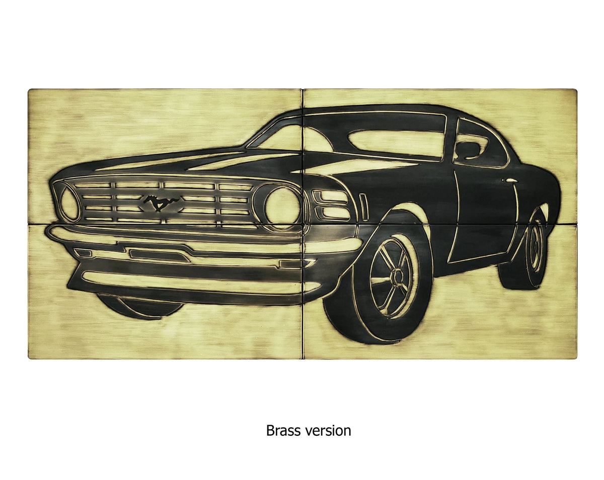 Mosiężne płytki Ford Mustang 1968 – zestaw 4 kafli z czarnym konturem samochodu, złocista wersja