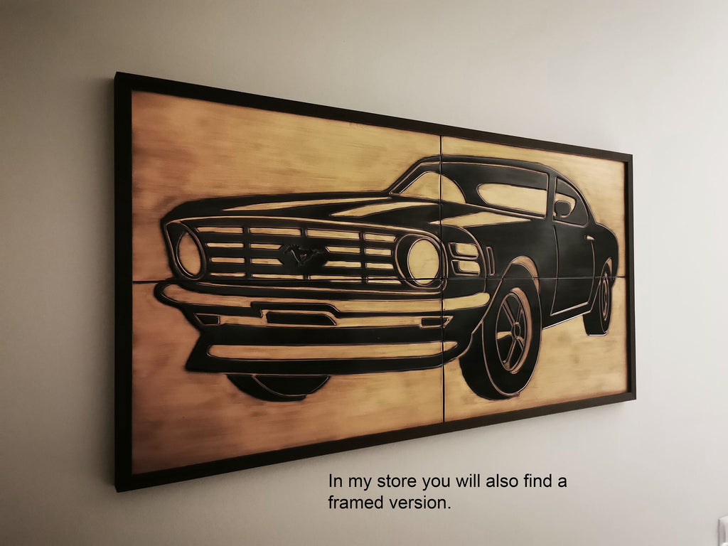 Płytki Ford Mustang 1968 w ciemnej ramie na ścianie, ujęcie z boku – czarny samochód na miedzianym tle