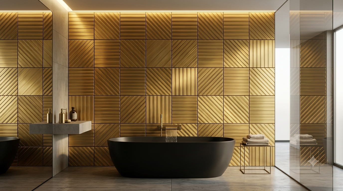 Goldene Messing-Metallfliesen Stripes an der Badezimmerwand mit schwarzer freistehender Badewanne
