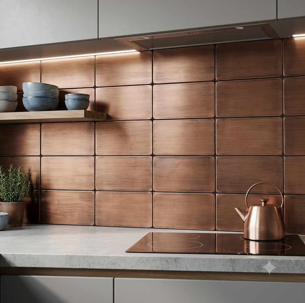 Metalowe płytki ścienne z prawdziwej miedzi jako backsplash kuchenny – zestaw 8 dekoracyjnych kafli Copper & Craft
