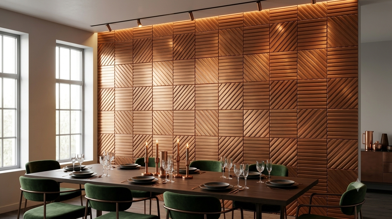 Große Akzentwand aus Kupfer-Metallfliesen Stripes im Esszimmer mit Kerzen und grünen Stühlen