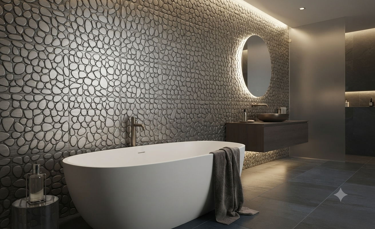 Riverstone – miedziana płytka metalowa 3D o fakturze otoczaków na ścianie w minimalistycznej toalecie