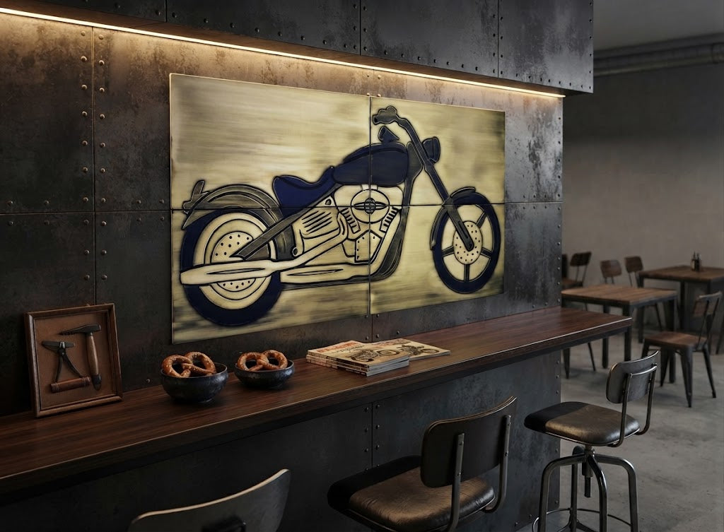 Nowoczesny motocykl- Zestaw 4 kafli z artystycznego metalu -mosiądz w stylowym barze. 