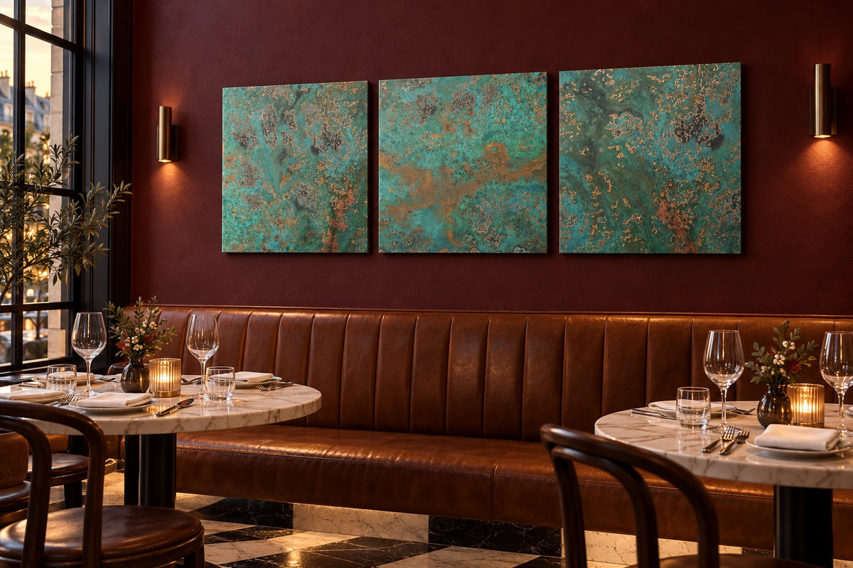 Trzy kwadratowe panele miedziane Oceanic Copper Pulse na bordowej ścianie nad skórzaną kanapą w restauracji