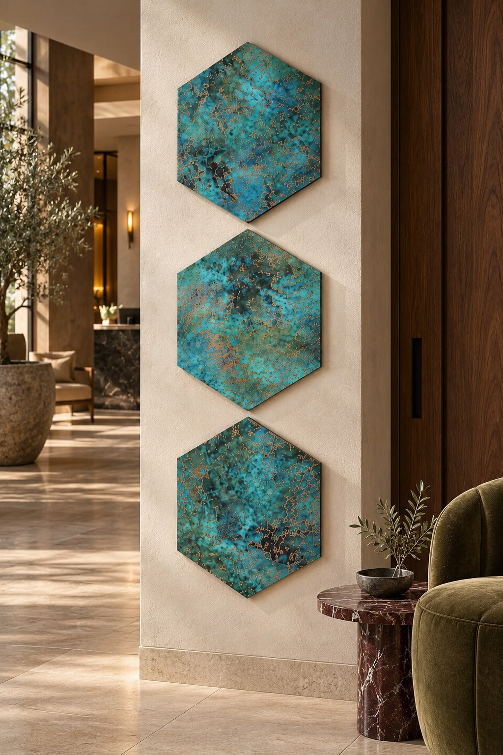 Miedziane heksagony Oceanic Copper Pulse zawieszone pionowo na kremowej ścianie w lobby hotelowym (wizualizacja)