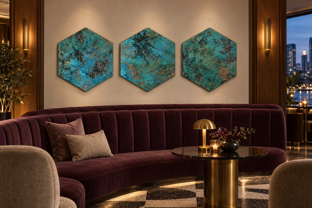 Miedziane heksagony Oceanic Copper Pulse nad bordową welurową kanapą w barze hotelowym (wizualizacja)