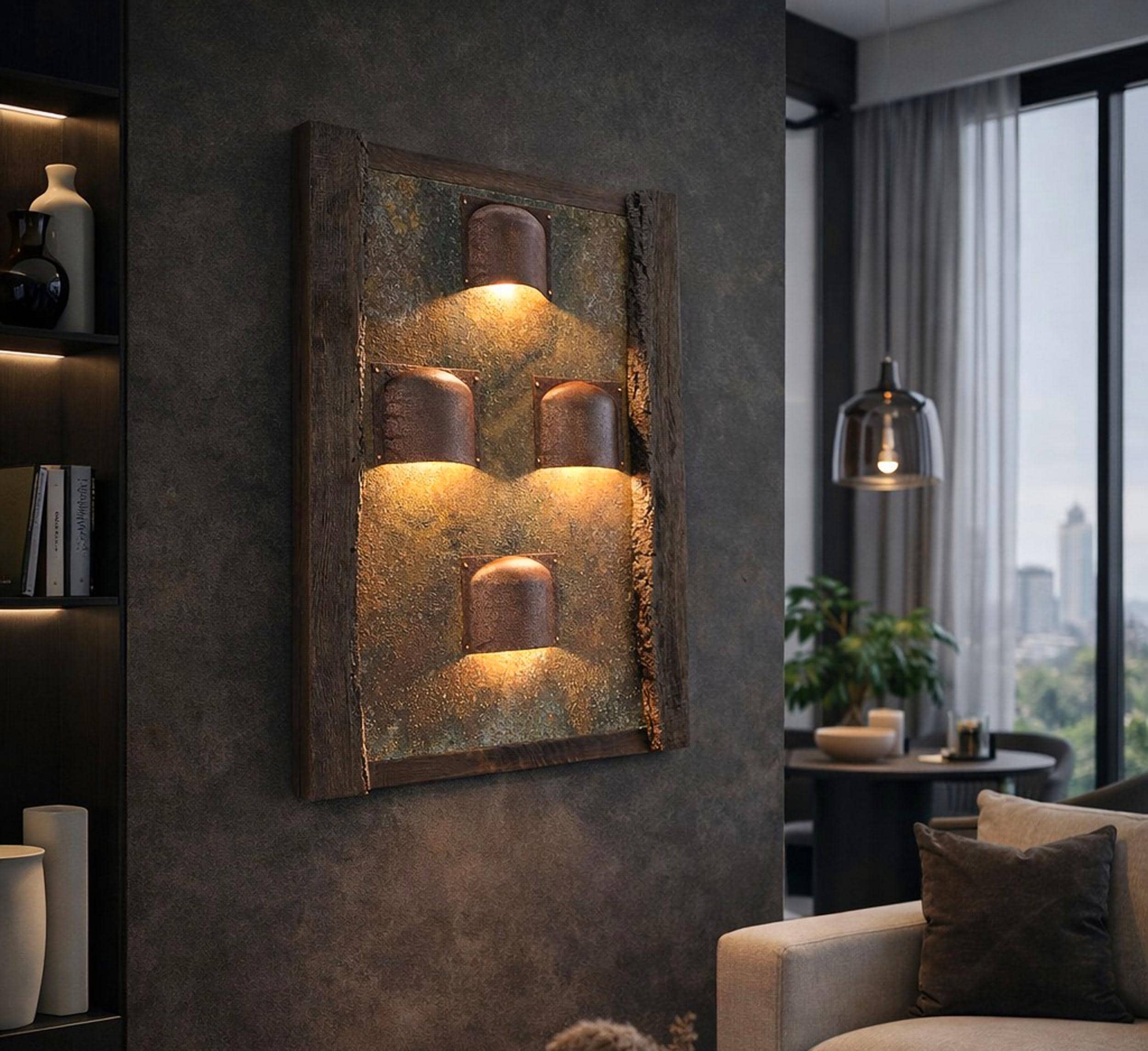 unikatowa lampa ścienna z naturalną patyną i podświetleniem LED