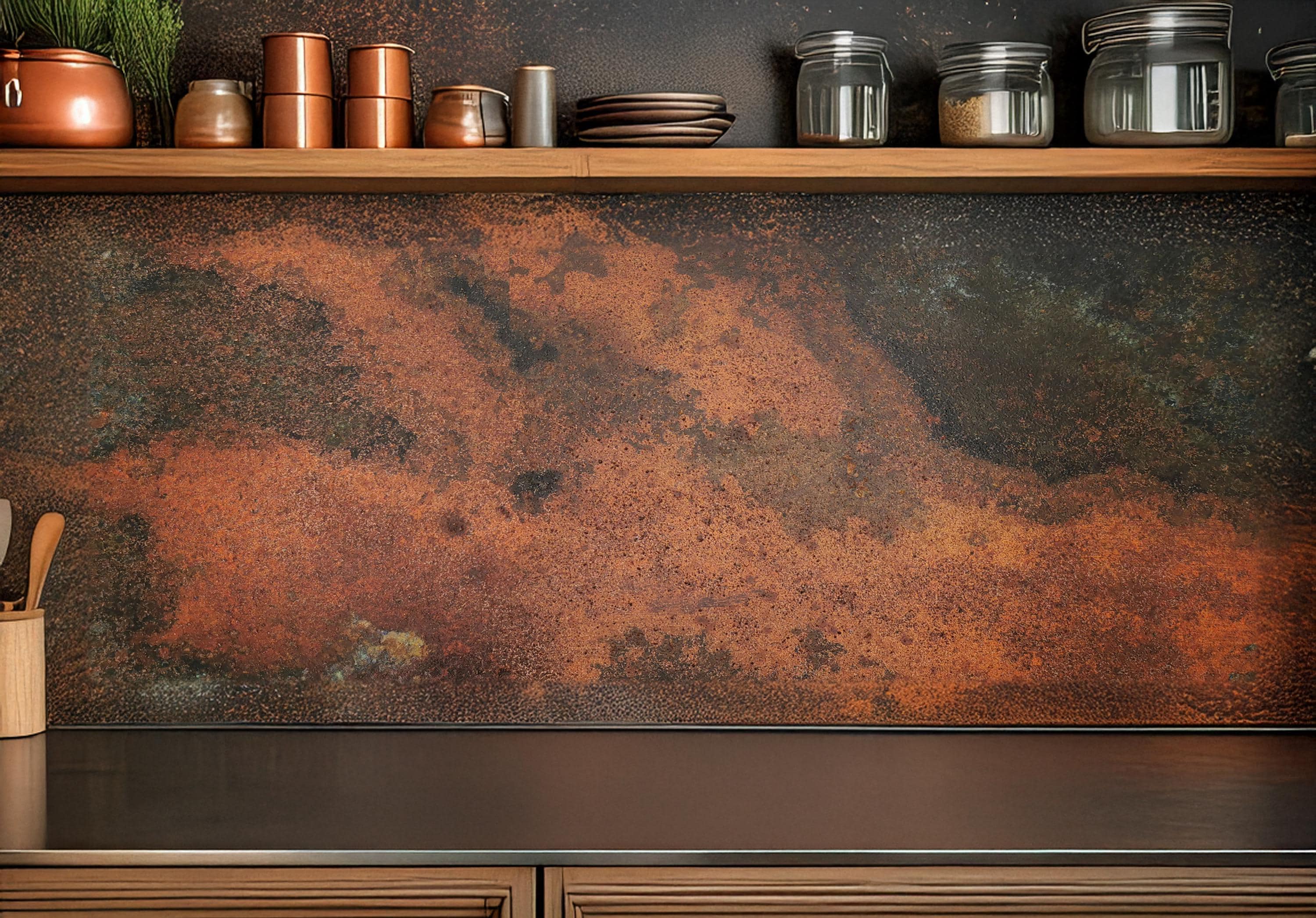 Real Copper Backsplash Panel – Handmade Metal Wall Art for Kitchen – Rustic Patina Finish – Eternal Copper Inferno – Artisan Accent Panel