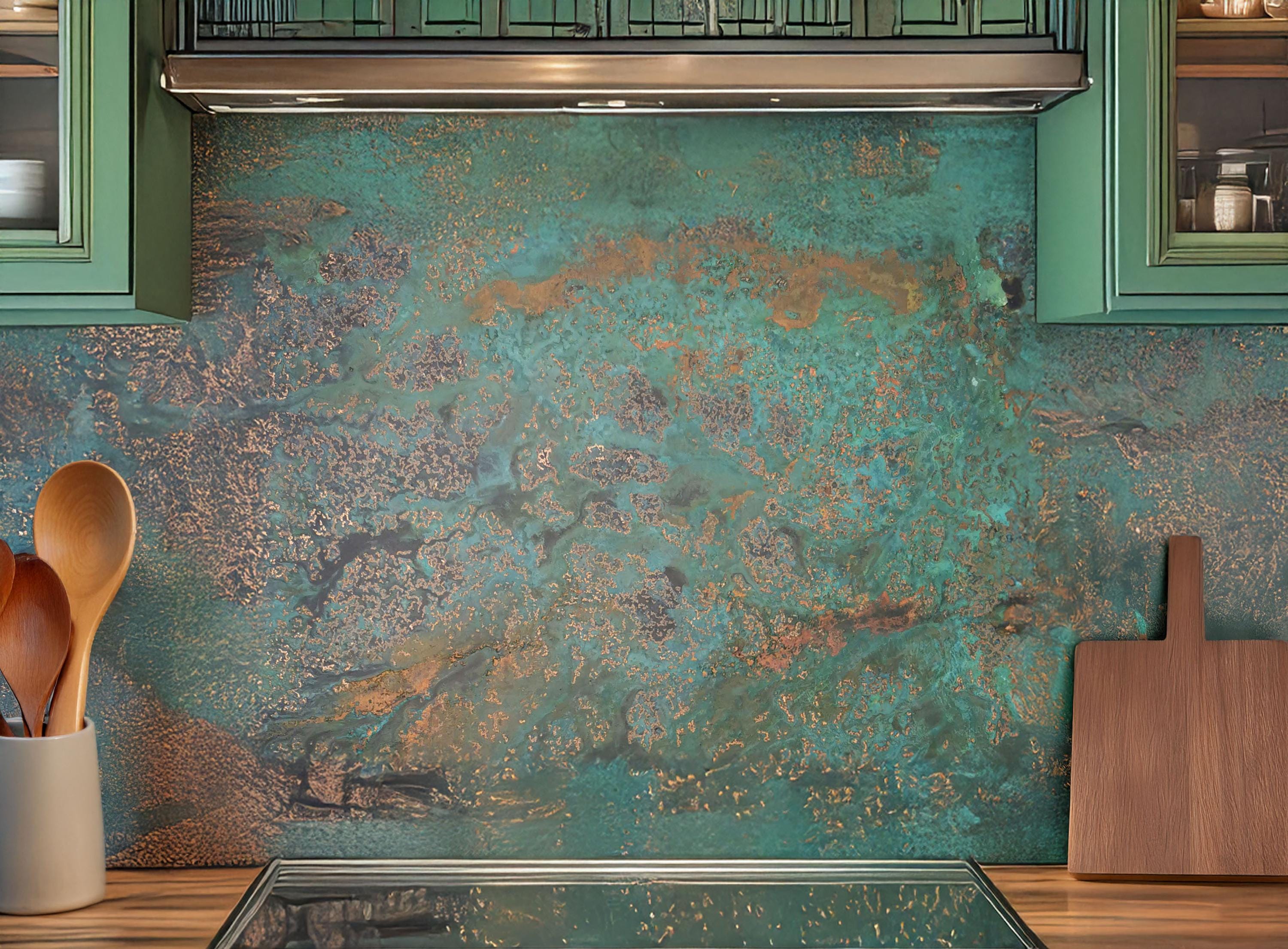Ręcznie patynowana okładzina ścienna z litej miedzi w odcieniach turkusu i błękitu morskiego.