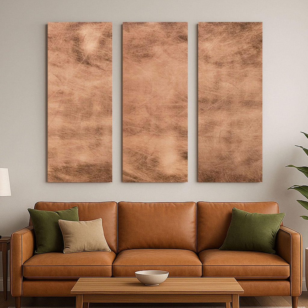 Zestaw 3 paneli z prawdziwej miedzi Copper Storm Patina w jasnym salonie