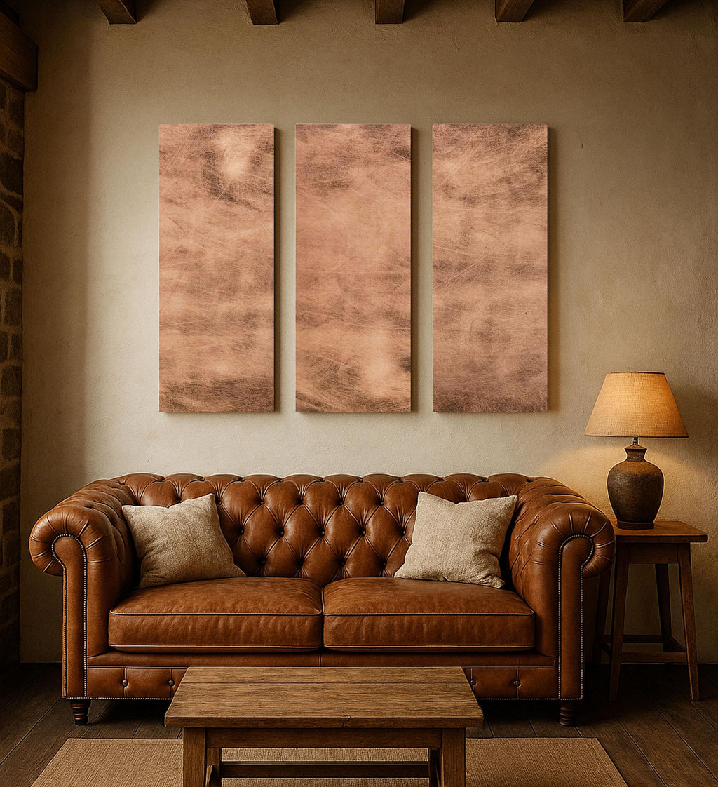 Tryptyk z miedzi Copper Storm Patina w rustykalnym wnętrzu