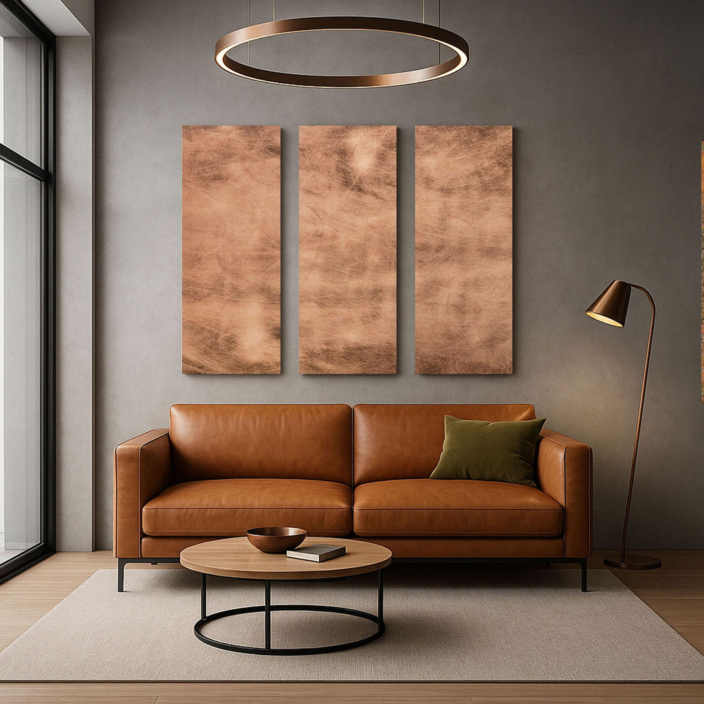 Obraz ścienny z miedzi Copper Storm Patina w eleganckim salonie loftowym