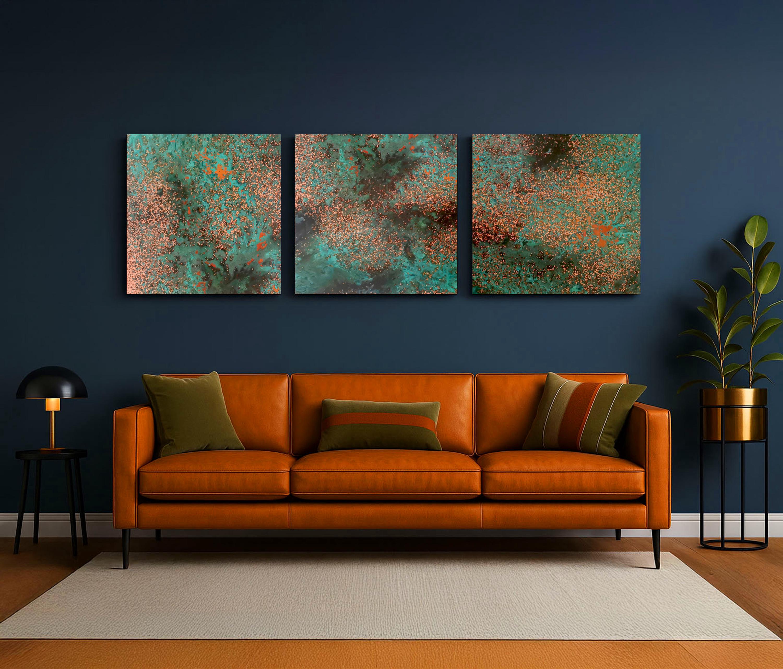 Real Copper Wall Art – 3 Panel Metal Artwork – Obsidian Copper Mist – Handcrafted Patina Decor – Dark Modern Triptych Statement Piece