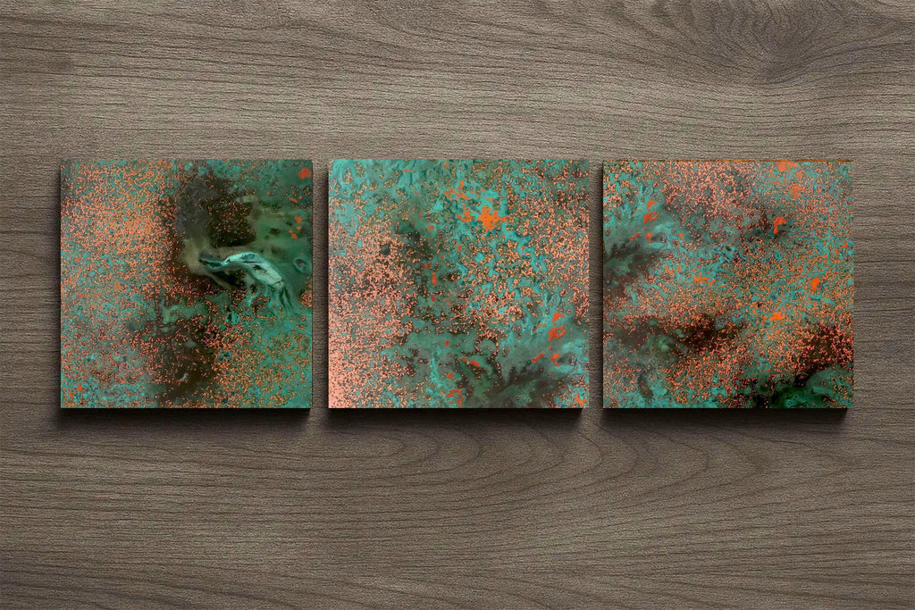 Real Copper Wall Art – 3 Panel Metal Artwork – Obsidian Copper Mist – Handcrafted Patina Decor – Dark Modern Triptych Statement Piece