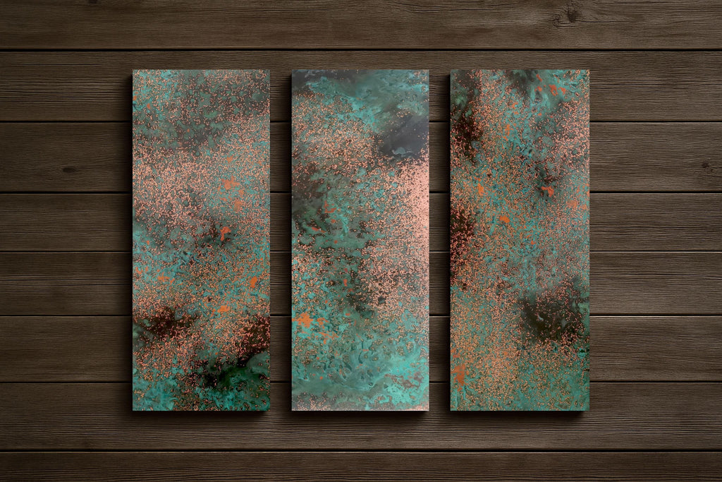 Tryptyk z miedzi Obsidian Copper Mist z turkusową i grafitową patyną