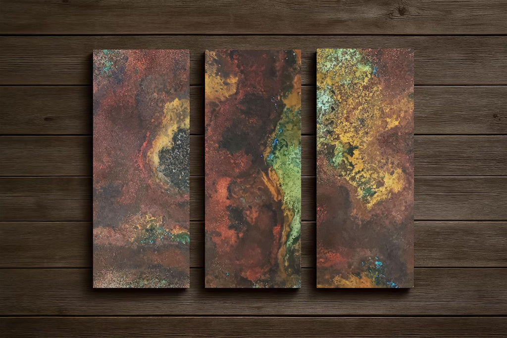 Real Copper Wall Art – 3 Panel Metal Artwork – Savage Copper Bloom – Modern Abstract Triptych – Handmade Rustic Decor