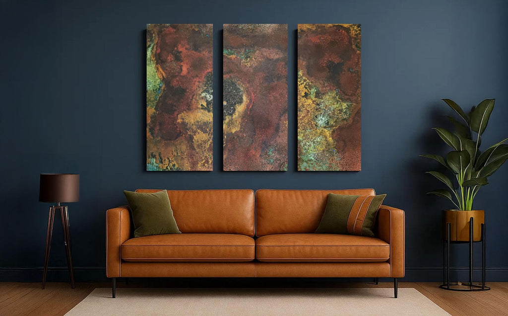 Real Copper Wall Art – 3 Panel Metal Artwork – Savage Copper Bloom – Modern Abstract Triptych – Handmade Rustic Decor