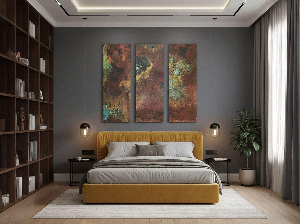 Real Copper Wall Art – 3 Panel Metal Artwork – Savage Copper Bloom – Modern Abstract Triptych – Handmade Rustic Decor
