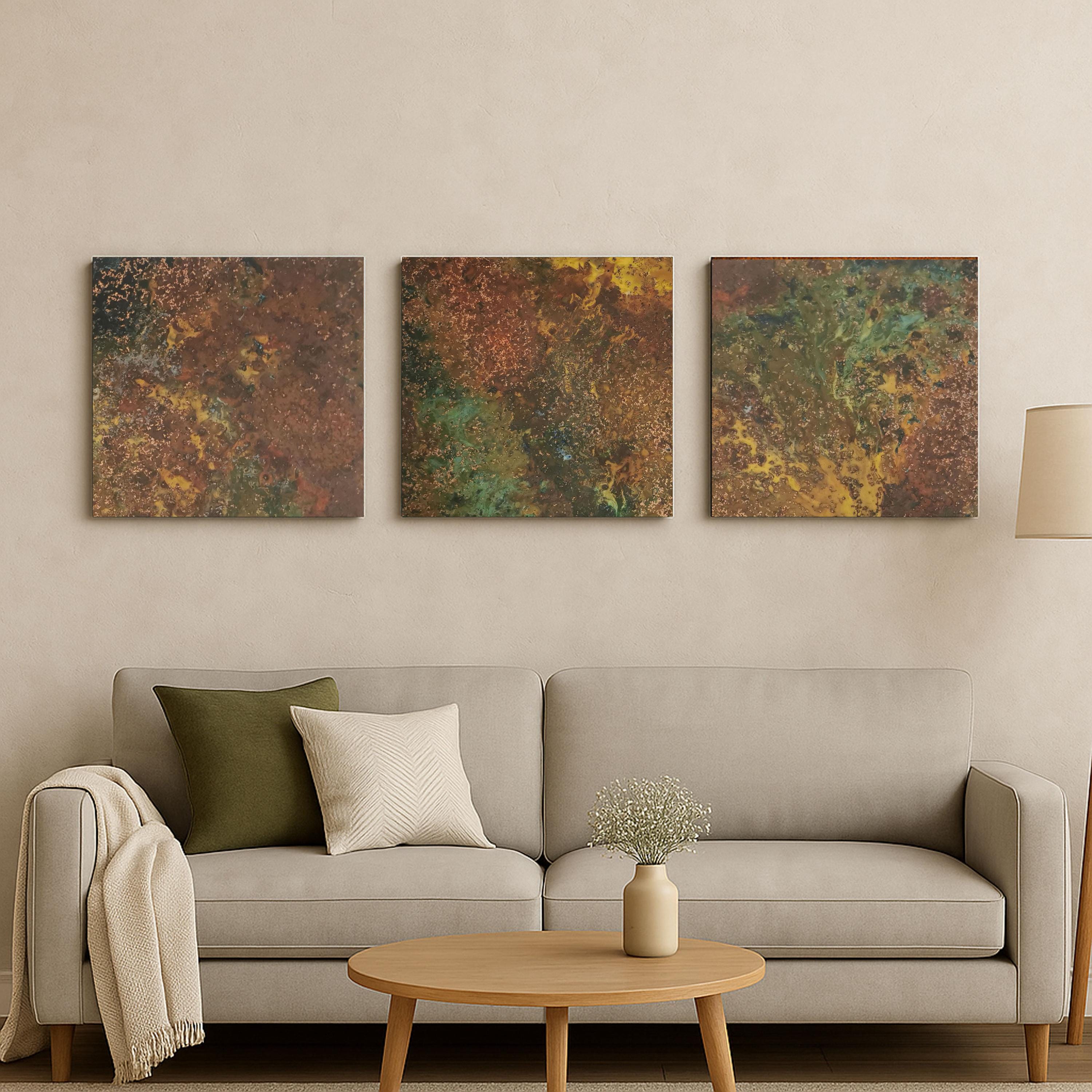 Real Copper Wall Art – 3 Panel Patina Metal Artwork – Savage Copper Bloom – Modern Rustic Statement Decor Wall Hanging