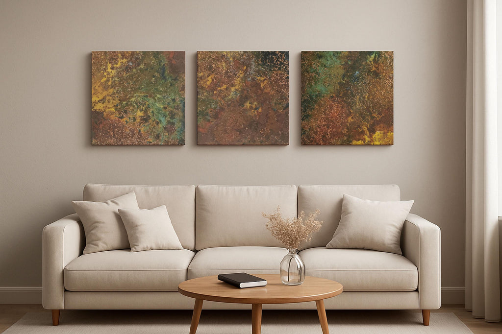 Real Copper Wall Art – 3 Panel Patina Metal Artwork – Savage Copper Bloom – Modern Rustic Statement Decor Wall Hanging