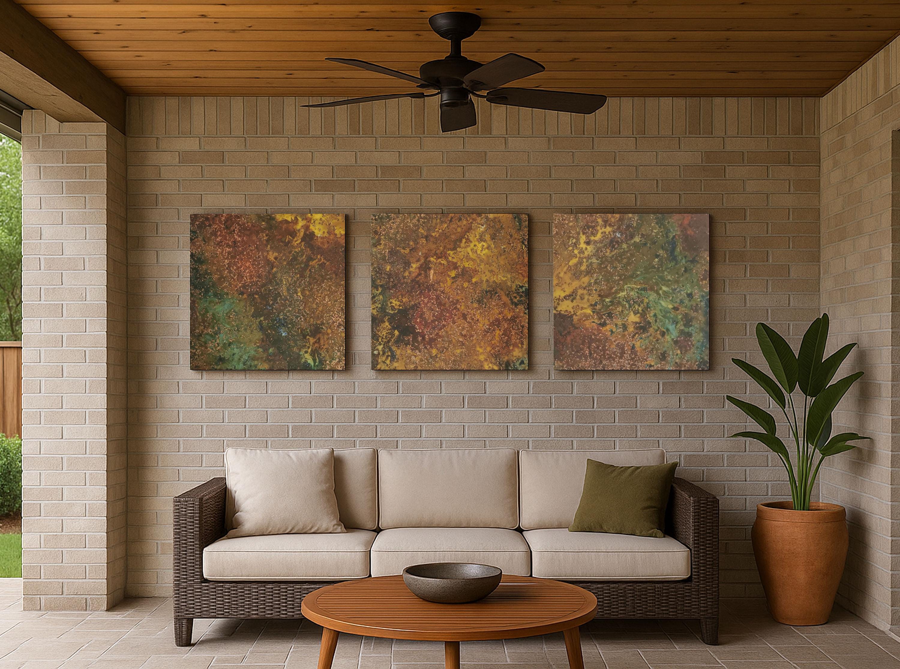 Real Copper Wall Art – 3 Panel Patina Metal Artwork – Savage Copper Bloom – Modern Rustic Statement Decor Wall Hanging