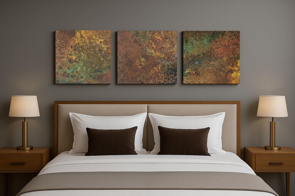 Real Copper Wall Art – 3 Panel Patina Metal Artwork – Savage Copper Bloom – Modern Rustic Statement Decor Wall Hanging