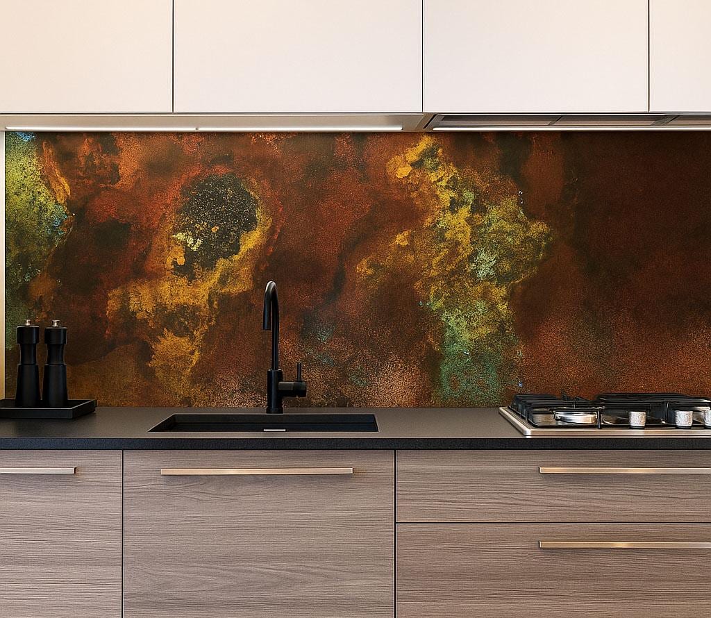 Ręcznie patynowany panel z prawdziwej miedzi Savage Copper Bloom nad blatem kuchennym