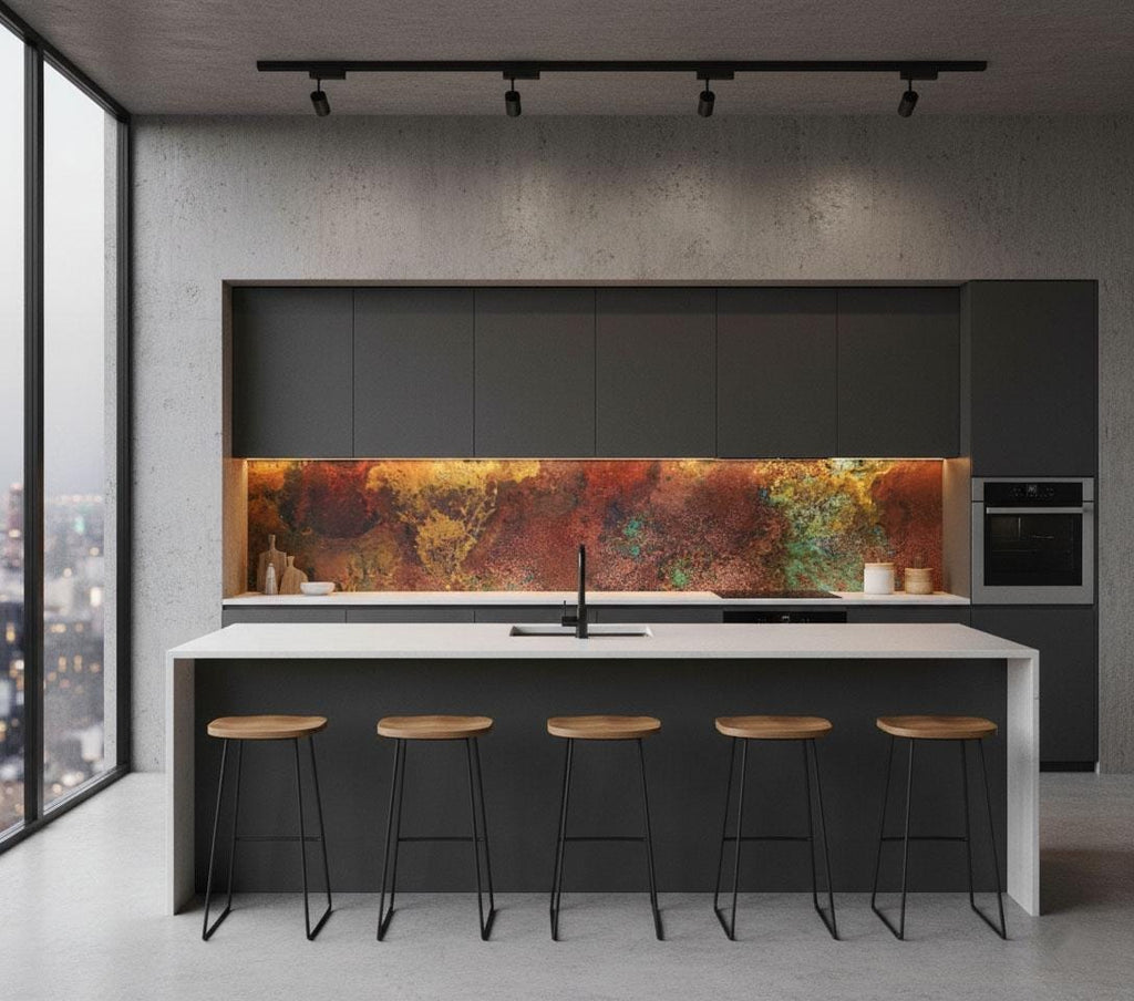 Miedziany backsplash Savage Copper Bloom w eleganckiej kuchni z wyspą
